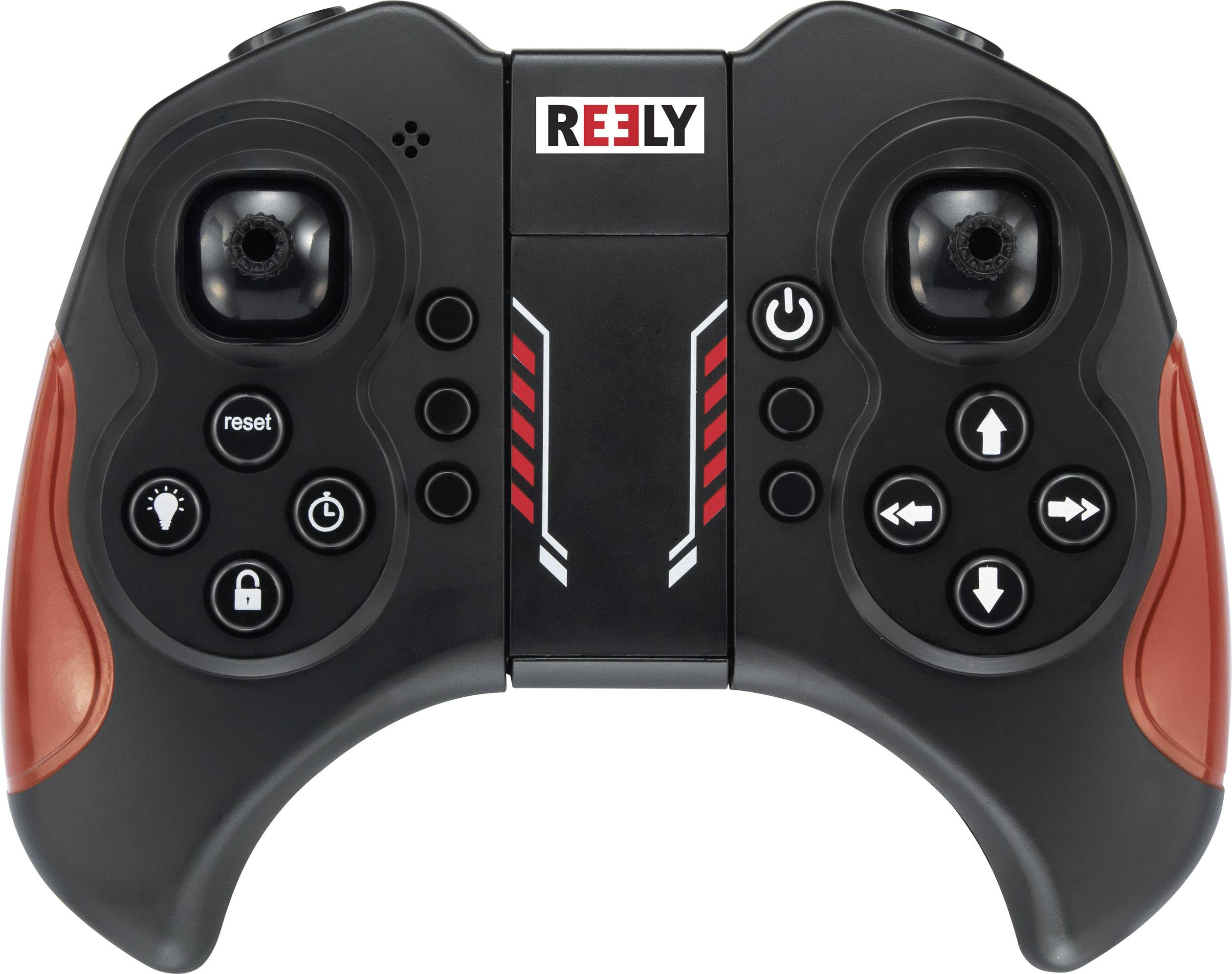 'Zwarte en rode spelcontroller met meerdere knoppen en joysticks, geschikt voor het besturen van een bestuurbaar voertuig.'