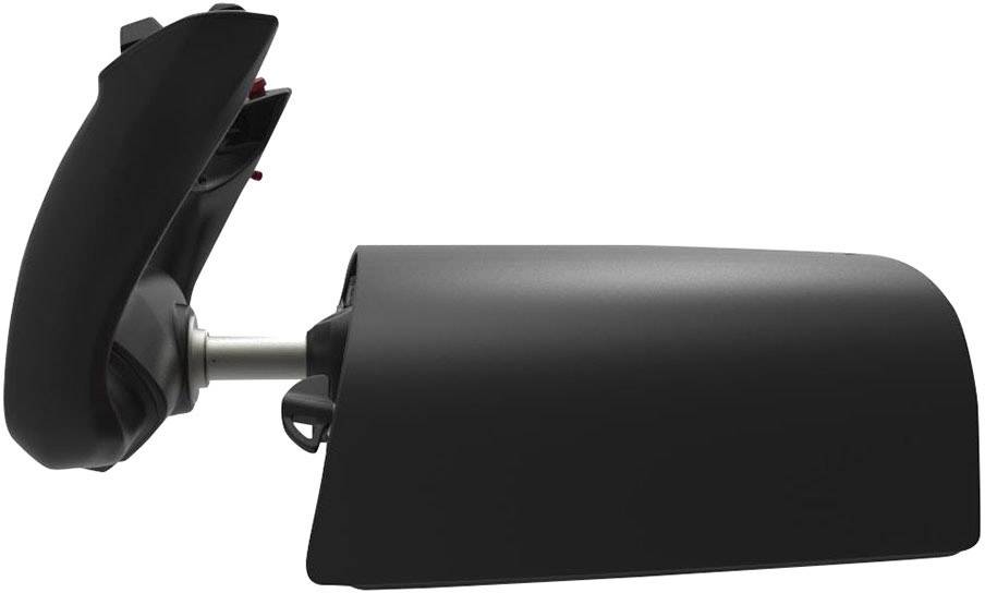 Een zwarte autospiegel met een geïntegreerd knipperlicht, bedekt met een zwarte behuizing. Heldere, moderne stijl.