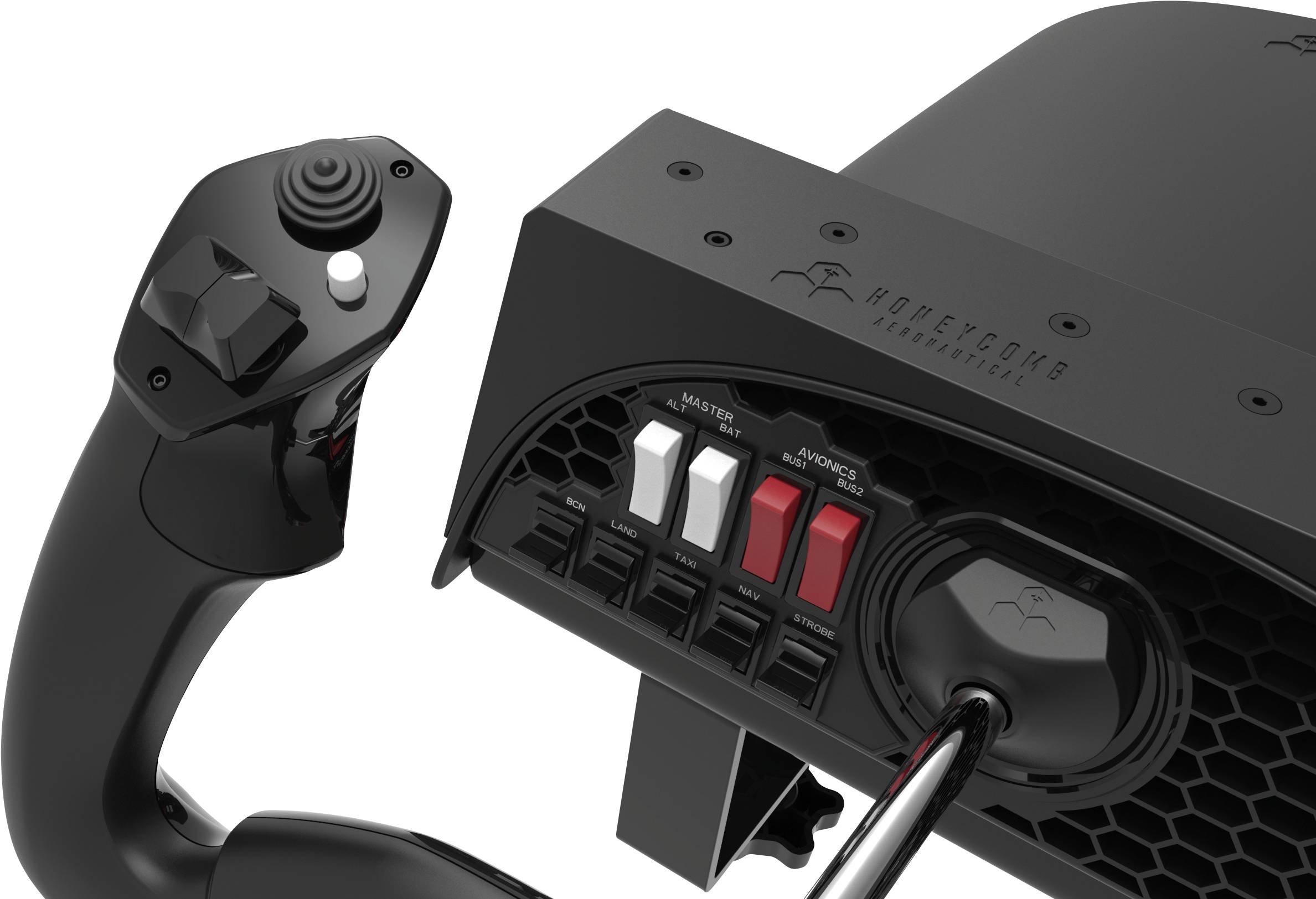 Een zwart vluchtbesturingssysteem met verschillende schakelaars en een stuurknuppel, geschikt voor vliegsimulatoren.