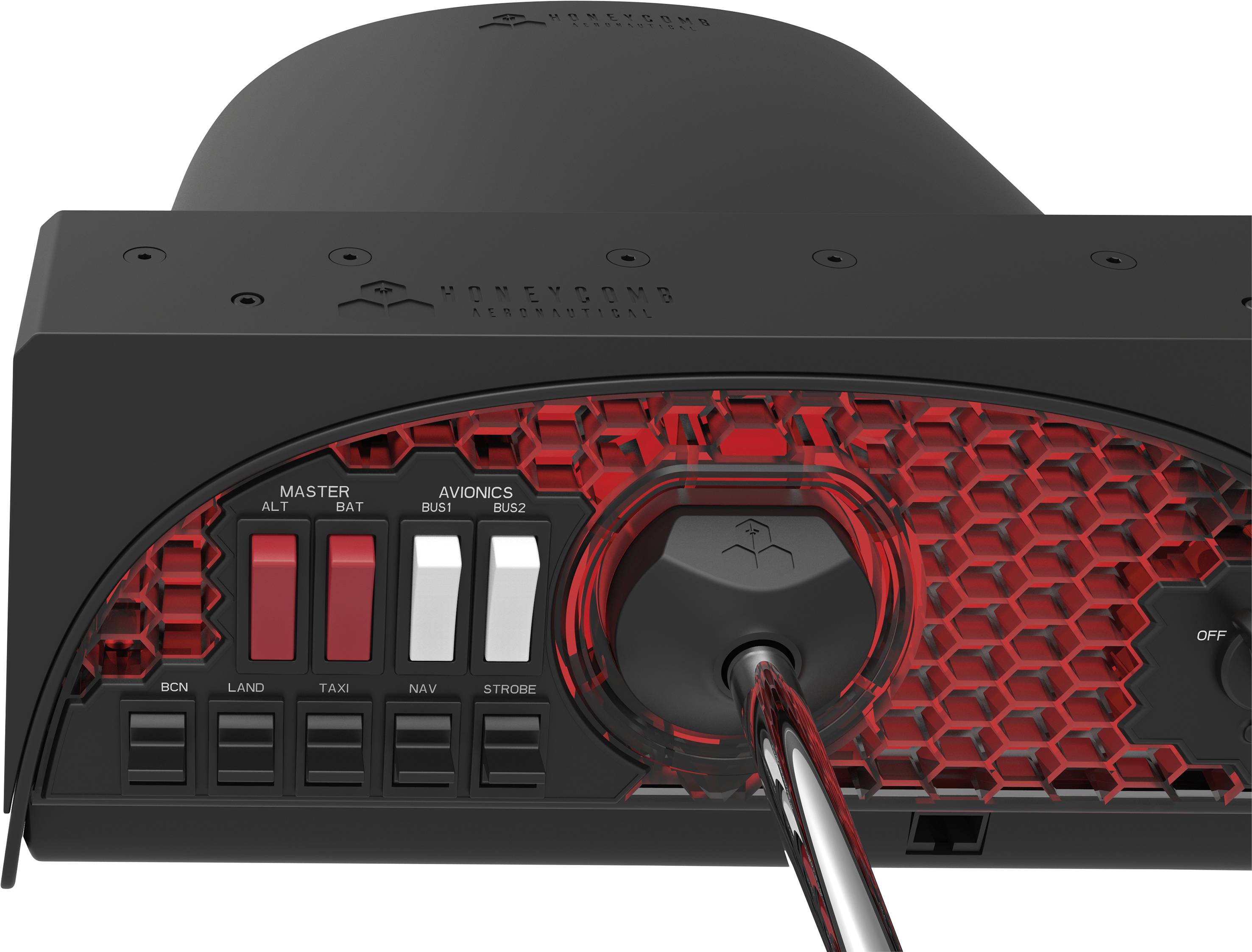 Voorkant van een vliegtuigschakelmodule met tuimelschakelaars voor MASTER, AVIONICA, Verlichting en STROBE, aangesloten met een kabel.