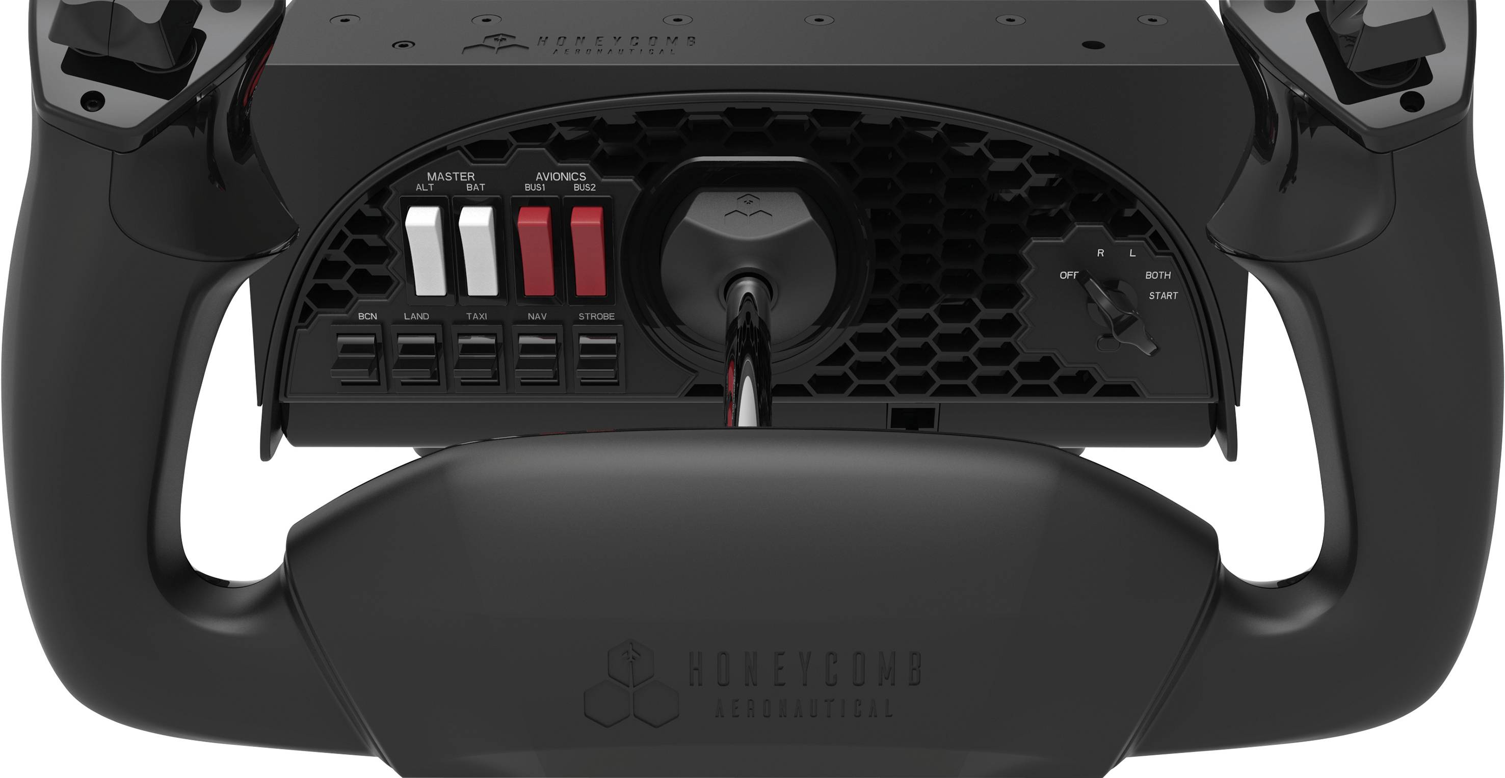 Vluchtsimulator-stuurwiel in het zwart met meerdere schakelaars en een centrale stuurknuppel. Gemarkeerd met 'Honeycomb Aeronautical'.