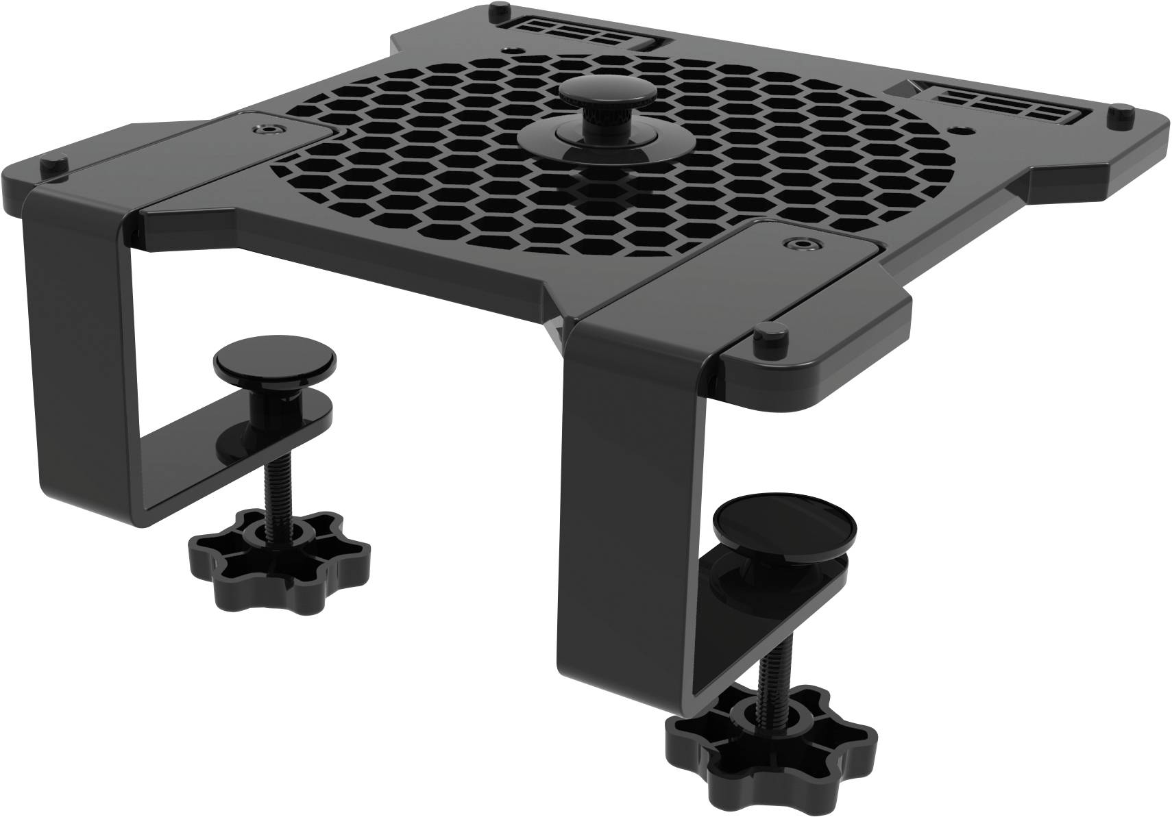 Luchtkoeier met twee klemmen voor bevestiging aan een tafelrand, geoptimaliseerd voor elektronische apparaten met een rond ventilatieraster.