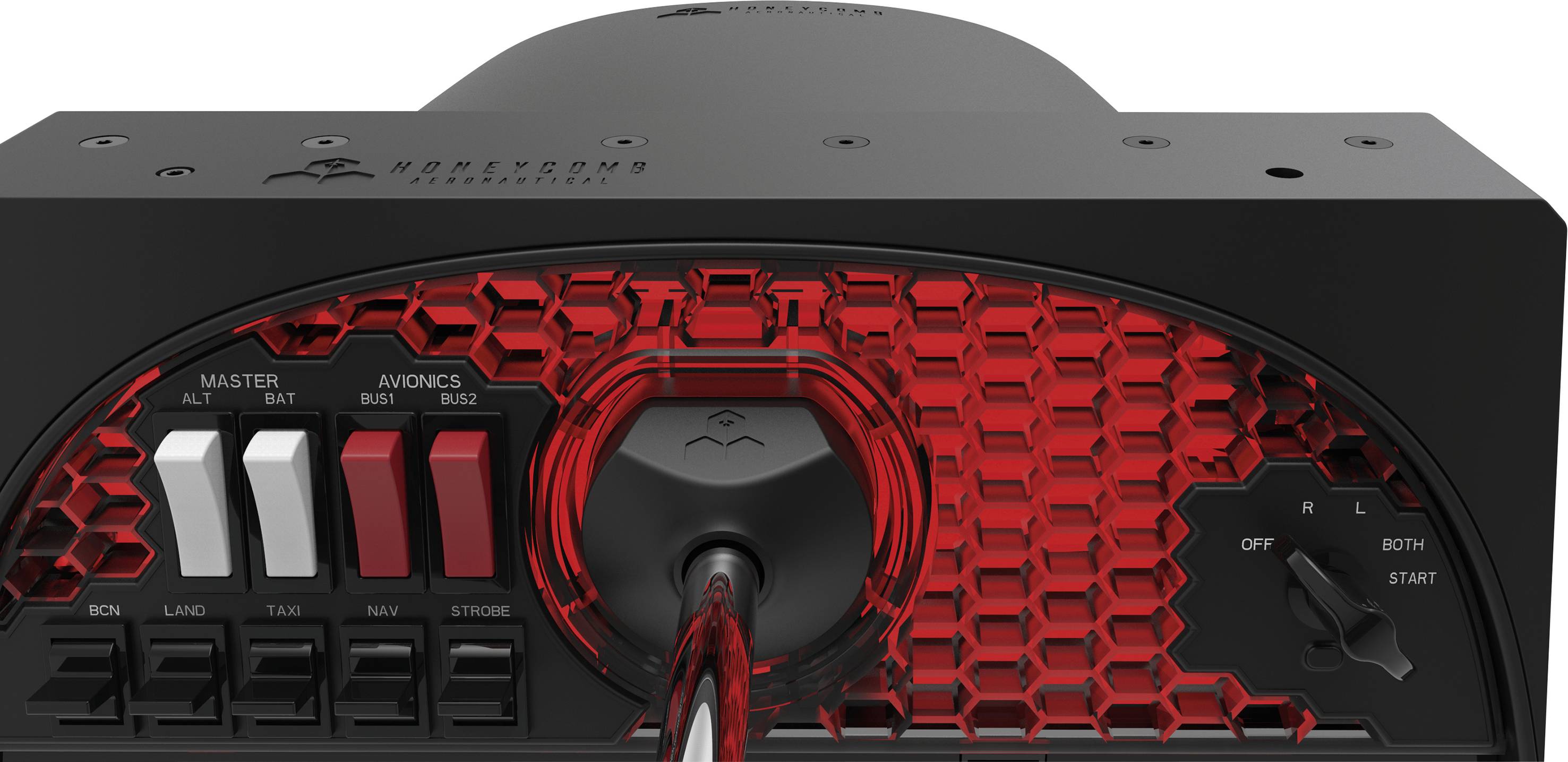 Bedieningspaneel met schakelaars en hendels, rood verlicht. Links: 'MASTER', 'AVIONICA'. Rechts: draaiknop met standen 'UIT', 'R', 'L', 'BEIDE', 'START'.