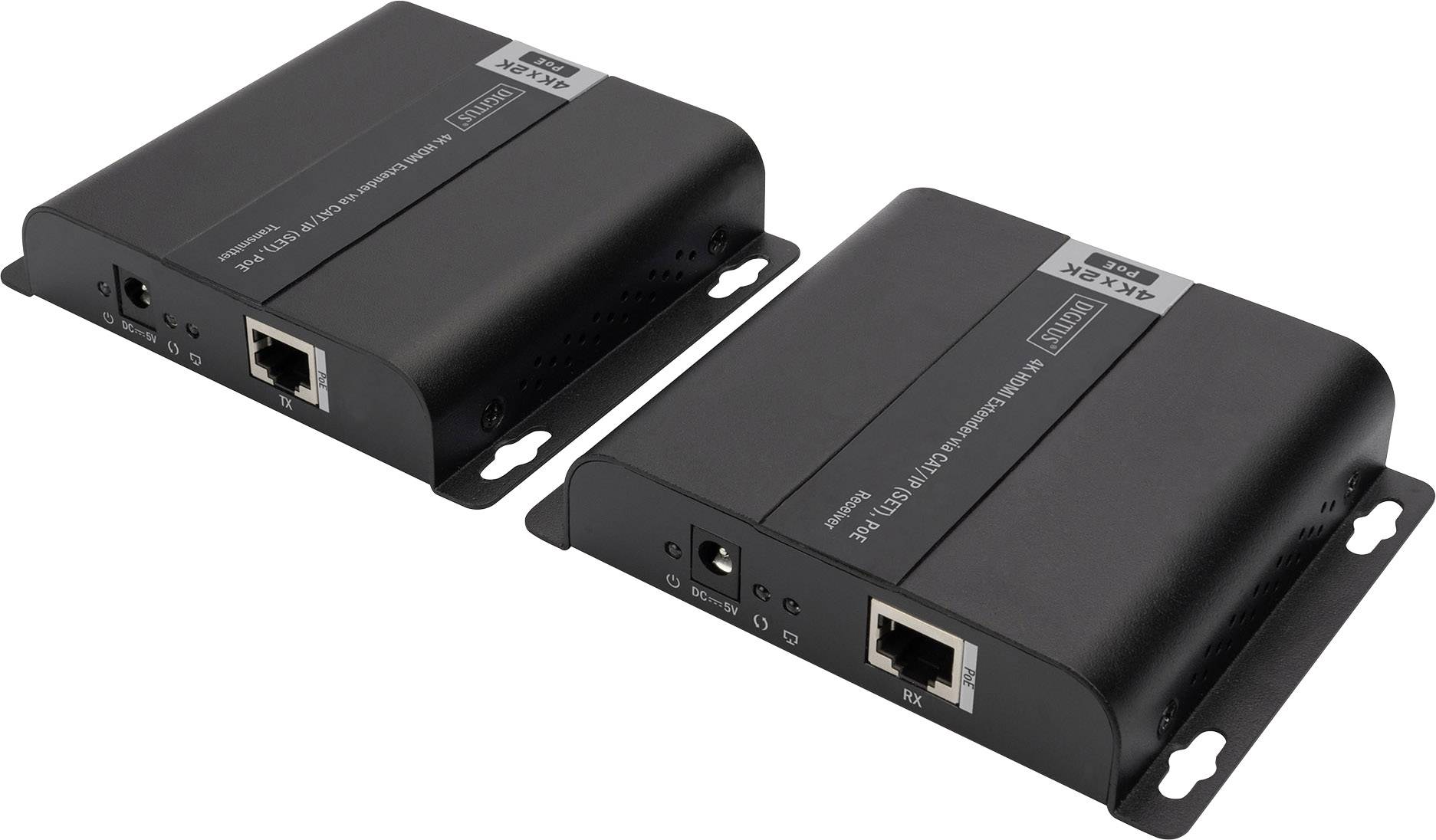 Twee zwarte netwerktoestellen met RJ-45-aansluitingen voor signaaloverdracht. Links: ingangszijde, rechts: uitgangszijde.