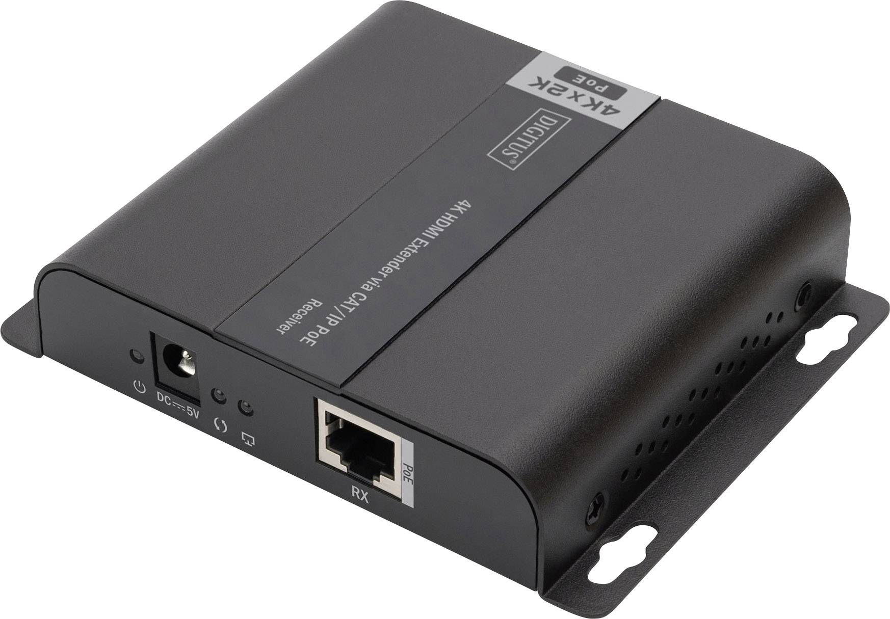 Zwarte 4K HDMI-naar-CAT5e/6 Audio-Video-Extender met stroomaansluiting en Ethernet-poort, compact en rechthoekig.