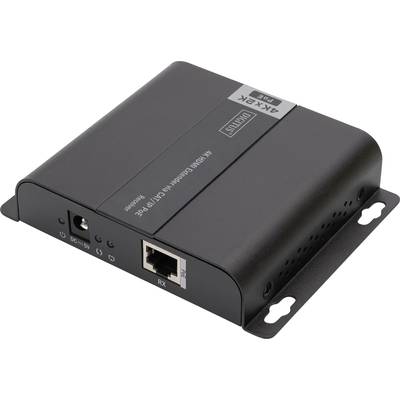 Zwarte 4K HDMI-naar-CAT5e/6 Audio-Video-Extender met stroomaansluiting en Ethernet-poort, compact en rechthoekig.