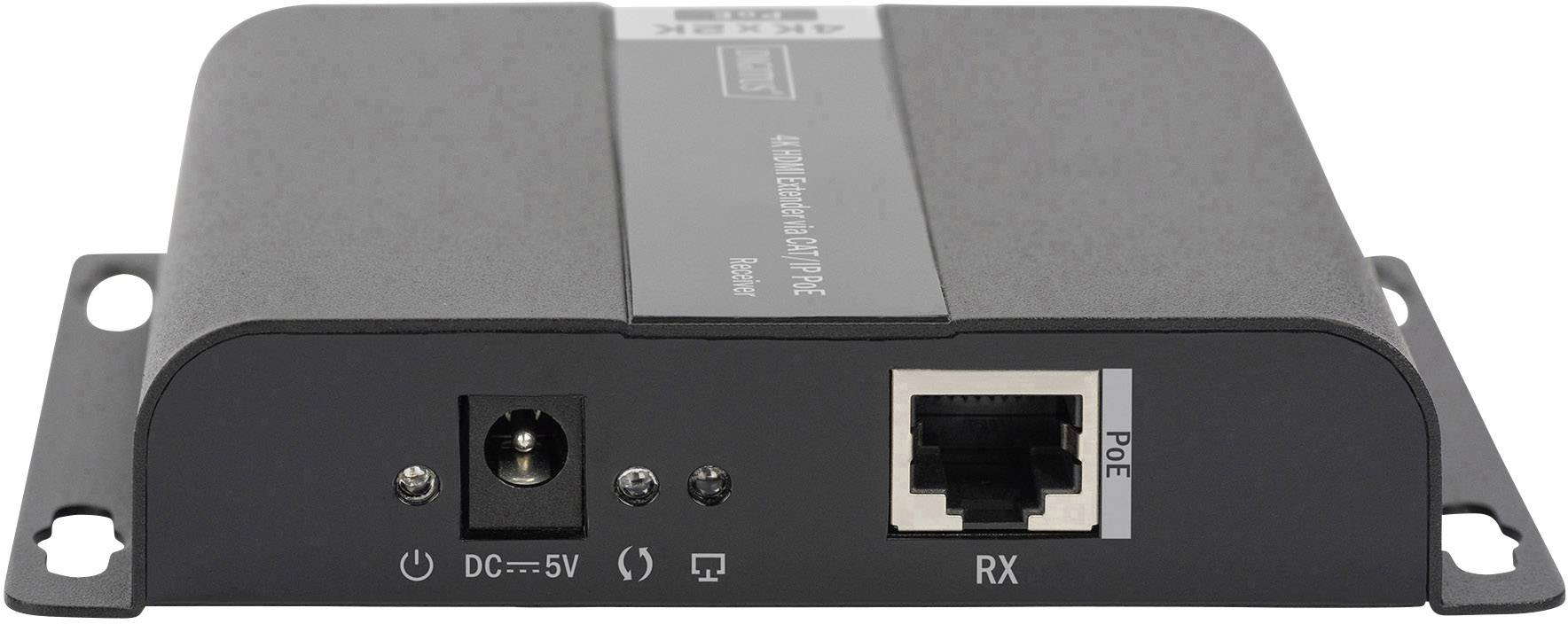 'Zwart elektronisch apparaat met aansluitingen: DC-ingang, audio en Ethernet-PoE-aansluiting. Aanduiding: RX (ontvanger).'