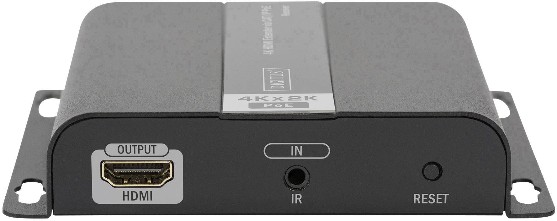 Een zwarte HDMI-splitter met aansluitingen: 'Output' (HDMI), 'IN' en 'Reset'. Apparaat voor het verdelen van HDMI-signalen.