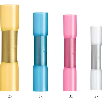 'Vier verschillende kabelconnectoren: 2x geel, 3x blauw, 3x roze, 2x wit. Elke connector heeft een metalen huls in het midden.'