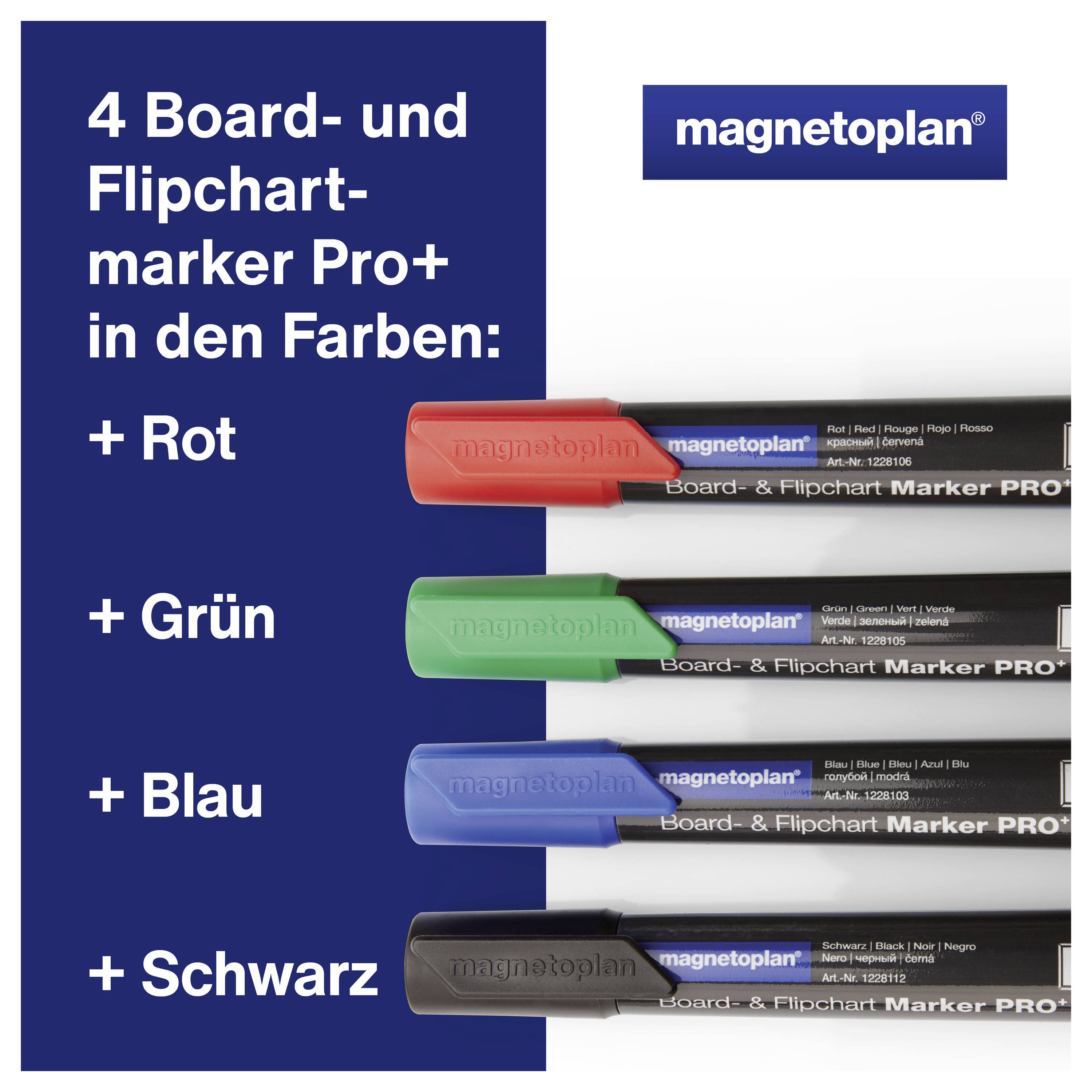 Vier Board- en flipchartmarkers Pro+ van magnetoplan in de kleuren Rood, Groen, Blauw en Zwart.