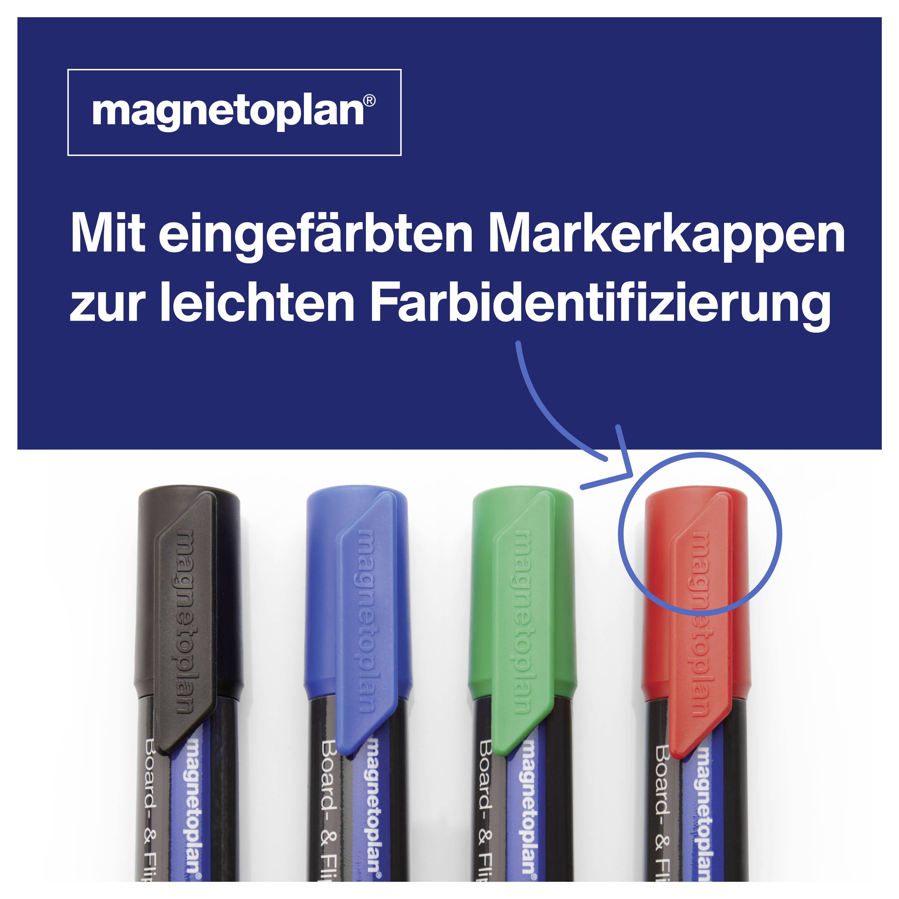 Vier zwarte markers van 'magnetoplan' met verschillende gekleurde doppen (Rood, Blauw, Groen, Zwart) voor kleuridentificatie.