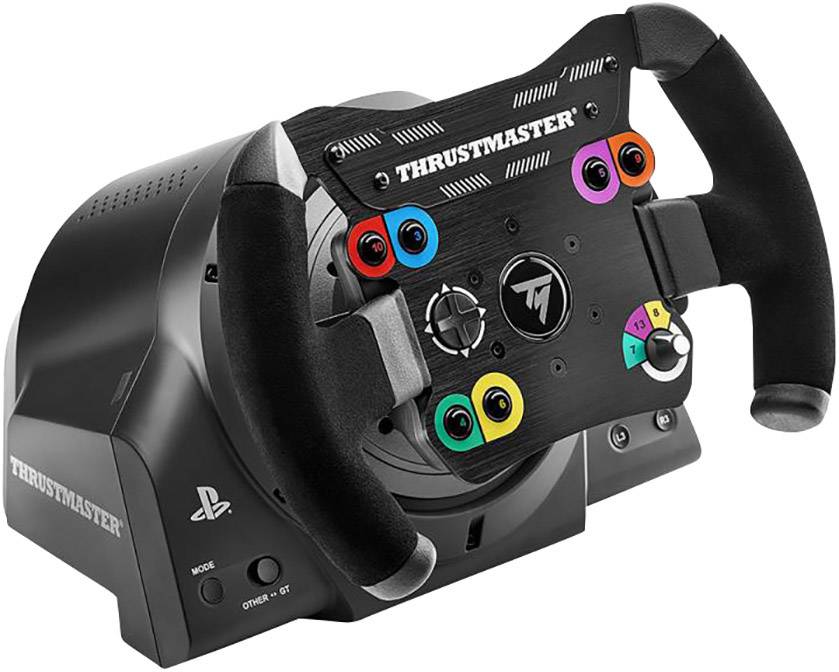 Een zwart Thrustmaster-stuur met verschillende gekleurde knoppen, geschikt voor PlayStation-spellen, geplaatst op een tafel.
