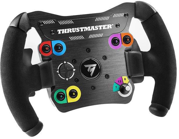 Stuurwiel-controller met meerdere gekleurde knoppen en het opschrift 'Thrustmaster' prominent in het midden.