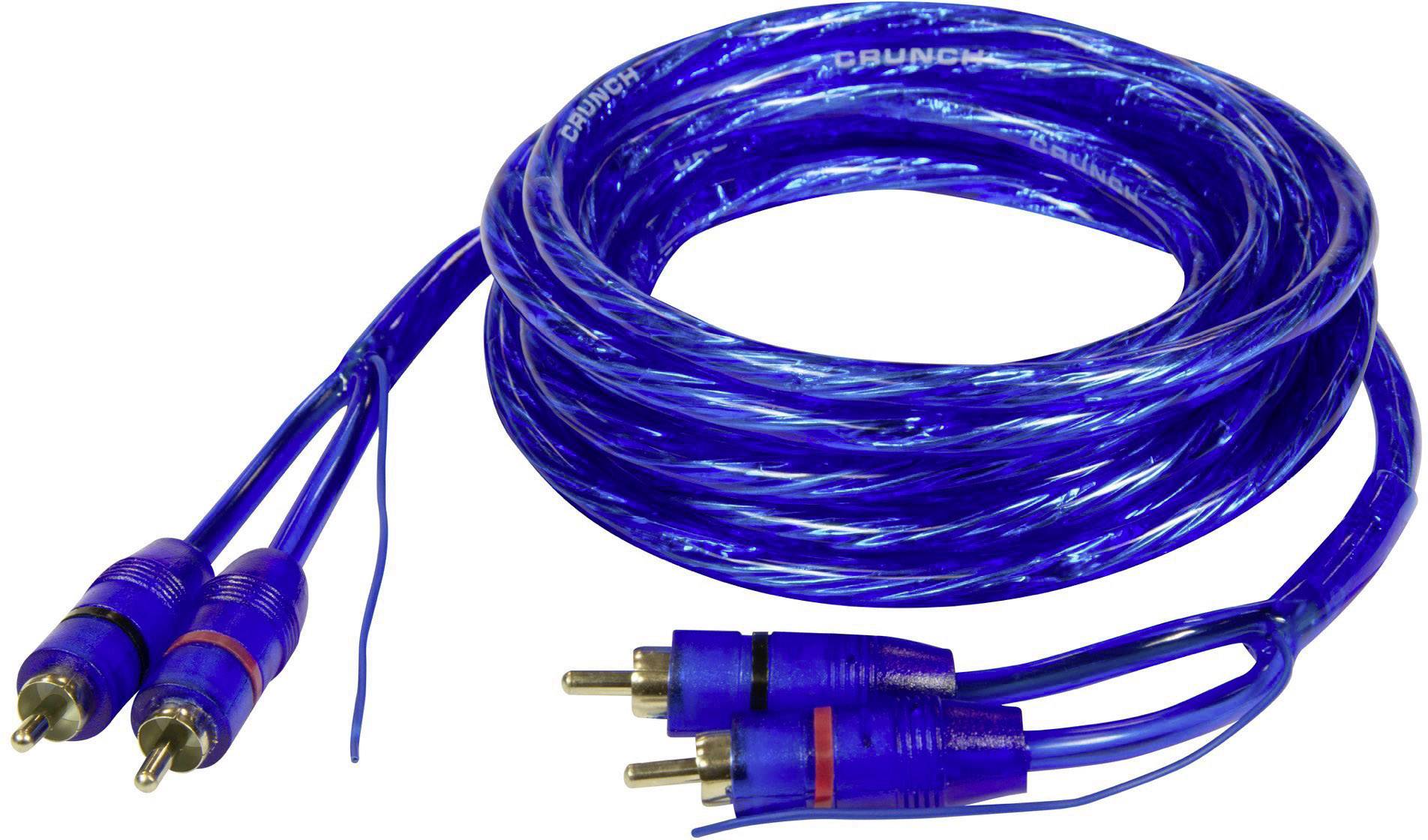 Een blauw cinch-kabel met vier pluggen, twee aan elke kant, voorzien van rode en blauwe markeringen, opgerold afgebeeld.
