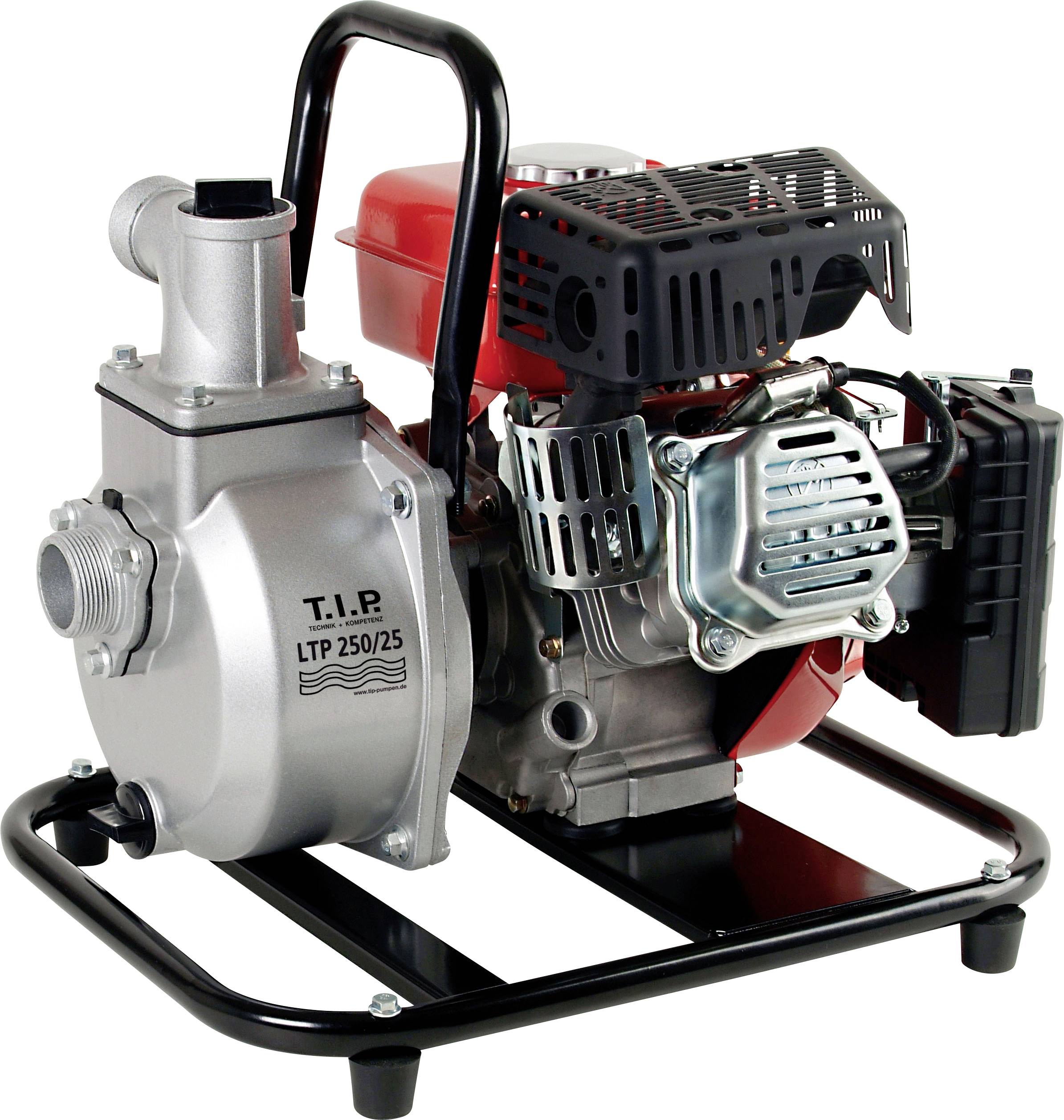 'Benzinewatertpomp met metalen frame, rode tank en zilveren pompbehuizing. Modelaanduiding: T.I.P LTP 250/25.'
