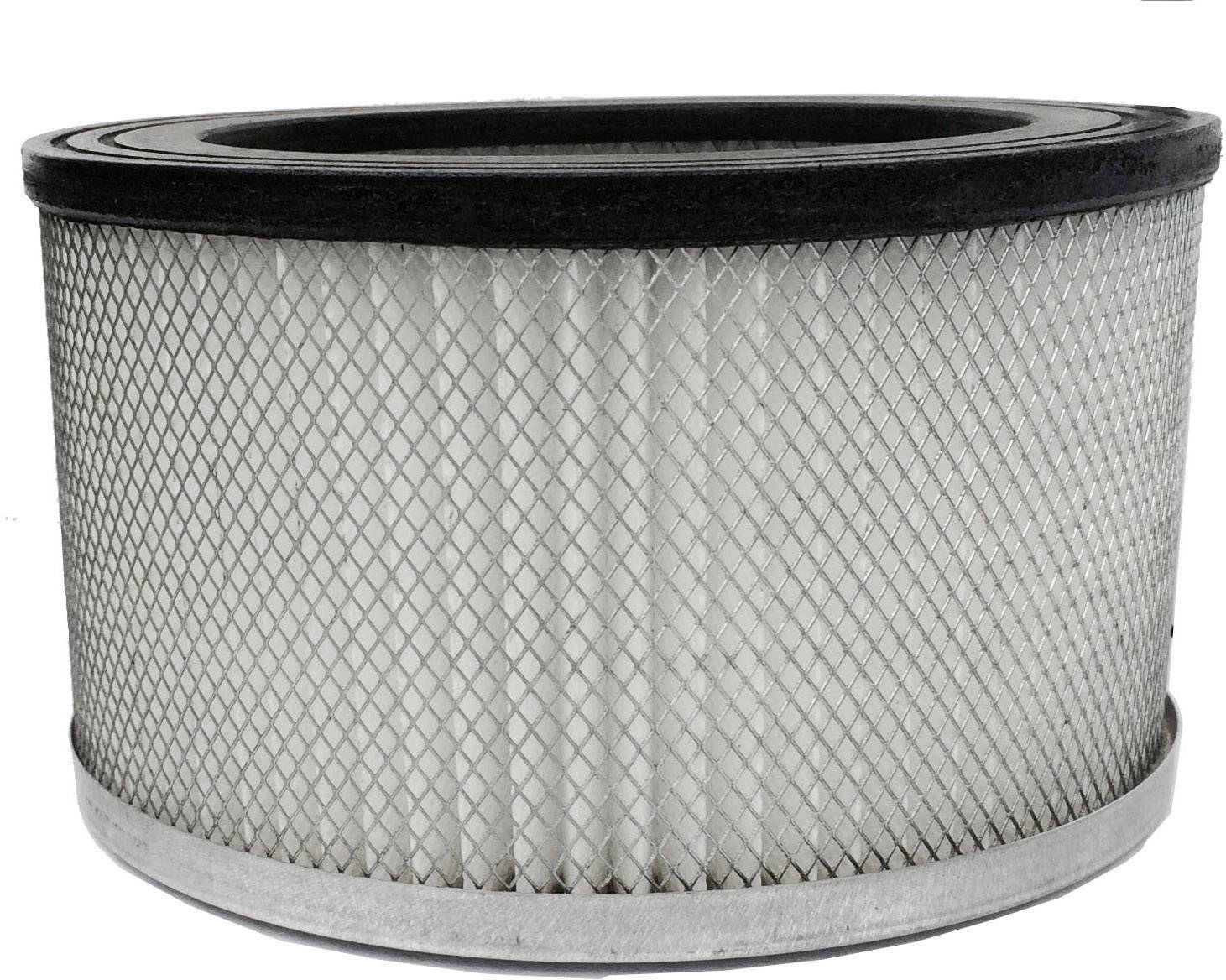 Een ronde luchfilter met een metalen rooster in het midden. De buitenrand is zwart.