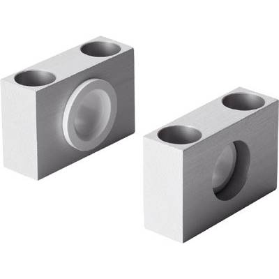 Twee grijze metalen blokken met gaten die kunnen dienen als houders of verbindingsstukken.