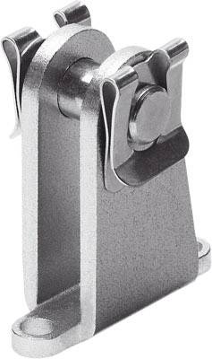 Een robuust, metalen scharnier met twee draaibare clips, gebruikt voor bevestigingsmechanismen aan machines of meubels.