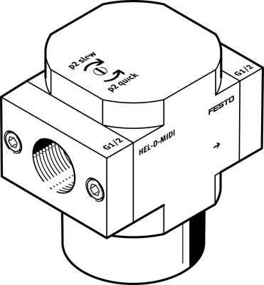 Technische tekening van een drukregelventiel met labels 'FESTO' en 'HEL-D-MIDI'. Pijlen geven de richting aan voor 'p2 langzaam' en 'p2 snel'.