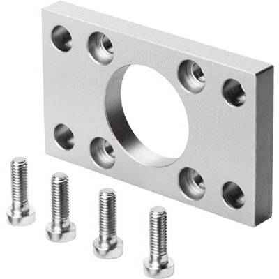 Zilveren metalen plaat met een centraal gat en vier kleine gaten in de hoeken, ernaast vier bijpassende schroeven.