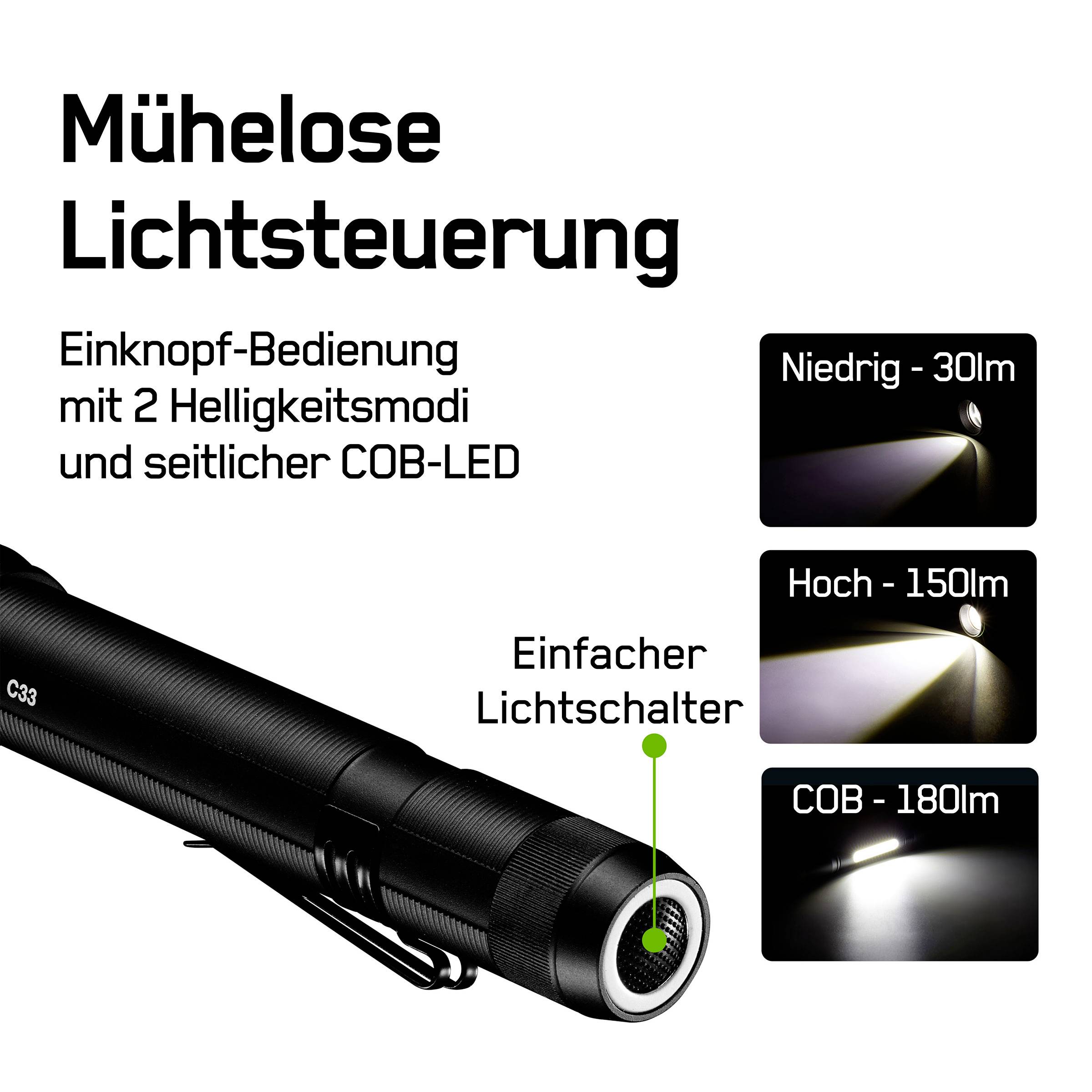 Zaklamp met zijdelingse COB-LED. Drie standen: Laag (30 lm), Hoog (150 lm), COB (180 lm). Eenvoudige bediening met lichtschakelaar.