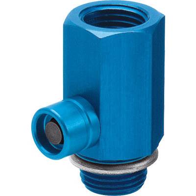 Een blauwe metalen adapter met twee aansluitingen, één aan de bovenkant en één aan de zijkant. Gebruikt voor vloeistof- of gasverbindingen.