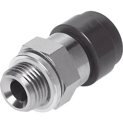 Metalen pneumatische adapter met schroefdraad en zwarte kunststof afsluiting, gebruikt voor slangverbindingen in persluchtinstallaties.