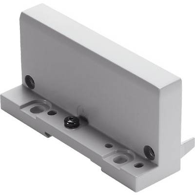 Een grijs, rechthoekig kunststof onderdeel met schroefgaten en bevestigingselementen, waarschijnlijk een component voor assemblage.