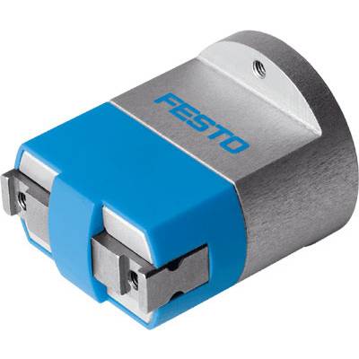 Zilveren en blauwe pneumatische grijpmodule met 'Festo'-logo, bedoeld voor het grijpen en vasthouden van objecten in automatiseringssystemen.