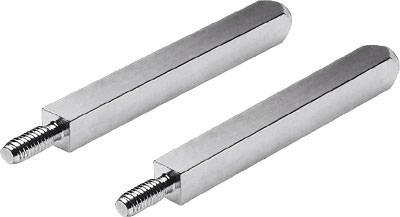 Twee zilveren cilindervormige metalen stiften met schroefdraad aan één uiteinde, parallel naast elkaar liggend.