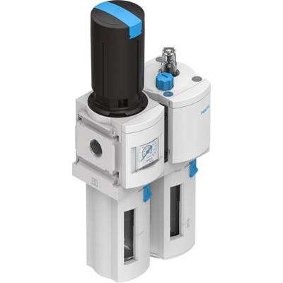 Industriële installatie met drukregelaar, twee verticale cilinders en weergave. Controleert luchtdruk in machines, centrale besturingscomponent.