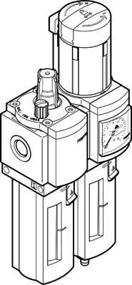 Tekening van een persluchtonderhoudsapparaat met manometer en twee filters.