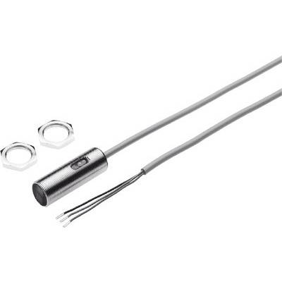 Cilindrische sensor met kabel en twee bevestigingsmoeren. Ideaal voor nauwkeurige positiedetectie in industriële toepassingen.
