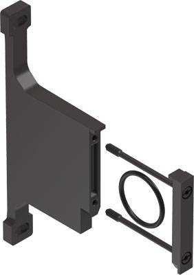 Metalen connectorset, bestaande uit een bevestigingsplaat met vier montagegaten, twee verbindingspinnen en een O-ring.