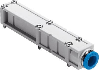 Een grijs, langwerpig pneumatisch onderdeel met een blauwe dop en meerdere schroeven, gebruikt voor industriële toepassingen.