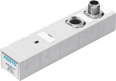 Een Festo-ventielblok met meerdere aansluitingen; een rechthoekig grijs apparaat dat wordt gebruikt in industriële toepassingen.