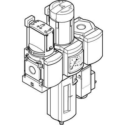 Technische tekening van een persluchtfilter met drukregelaar en manometer. Toont componenten en samenstelling van het systeem.