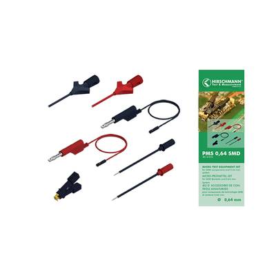 Set van micromeetinstrumenten met krokodillenklemmen, kabels en toebehoren voor SMD-toepassingen. Merklogo 'Hirschmann' zichtbaar.