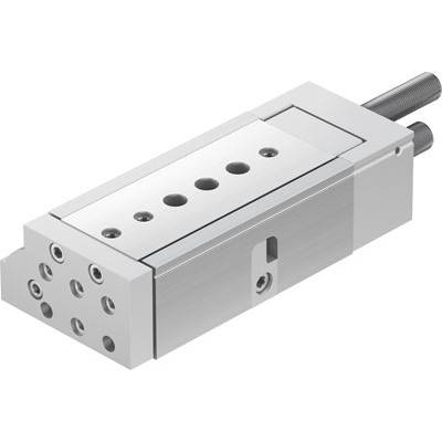 Een zilveren pneumatische lineaire eenheid met meerdere bevestigingsgaten die precisiebeweging in industriële toepassingen mogelijk maakt.
