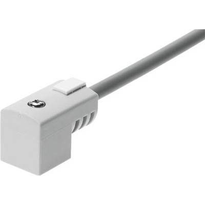 Een grijze elektrische stekker met een kabel die aan de zijkant uitsteekt. De stekker heeft een rechthoekig lichaam met afgeronde hoeken.