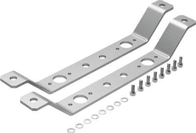 Twee gebogen metalen beugels met meerdere gaten, vergezeld van schroeven en sluitringen, voor bevestiging.