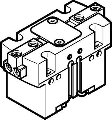 Technische tekening van een elektromechanisch relais met bevestigingspunten, schroeven en aansluitingen voor de elektrische aansluiting.