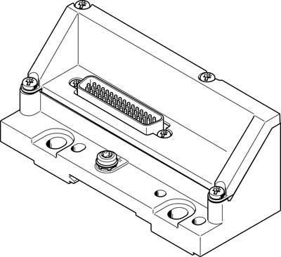 Lijntekening van een elektrische connector met meerdere pinnen, gemonteerd op een rechthoekig oppervlak met schroeven in de hoeken.