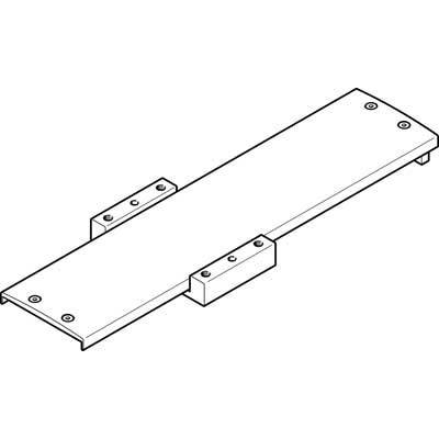 Illustratie van een rechthoekig metalen onderdeel met schroefgaten aan de uiteinden en twee zijdelingse bevestigingshoeken.