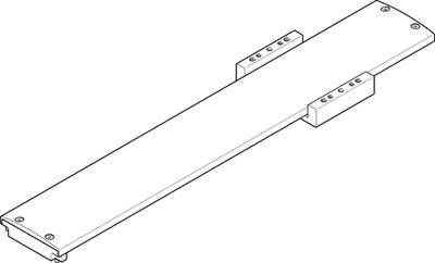 Lijntekening van een rechthoekige metalen plaat met twee bevestigingselementen aan de zijkant.