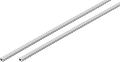 Twee lange, smalle metalen strips op een witte achtergrond, parallel gerangschikt.