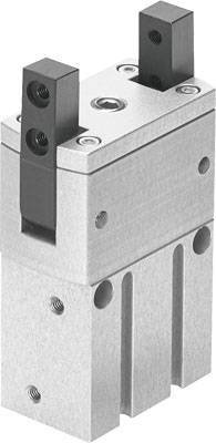 Metalen pneumatische grijpercilinder met twee parallelle grijparmen aan de uiteinde, gebruikt in automatiseringssystemen.