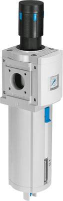 Luchtcompressorfilter met geïntegreerde drukmeter, verticaal gepositioneerd, voornamelijk gebruikt voor luchtreiniging in industriële toepassingen.