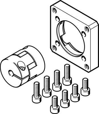 Ontploffingstekening van een mechanisch onderdeel met een cilindrisch element, een vierkante plaat en acht schroeven.