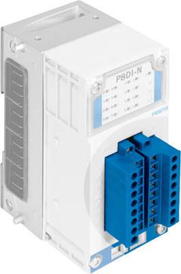 Een elektrisch apparaat met de aanduiding 'PBDI-N', vertoont blauwe en grijze aansluitcomponenten.